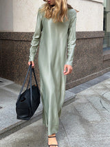 Solid Color Long Sleeve Slit Satin Maxi Dress