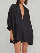 Deep V Solid Color Shirt Mini Dress