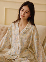 Kafiloe Floral Print Lace Trim Long Sleeve Pajama Set