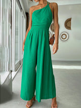 Lined Solid One Shoulder Jumpsuits