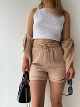 Lapel Shirt Drawstring Shorts Set