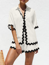 Wave Trim Short Sleeve Shirt Short Set