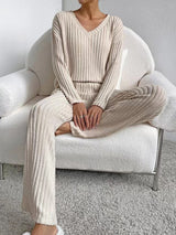 Ribbed Knit 2Pcs V Neck Lounge Set