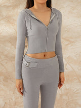 Zip Up Crop Hoodie Ribbed Knit Set