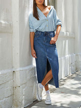 Casual Split Denim Midi Skirt