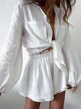 Lined Solid Shirt Ruffle Hem Shorts Set