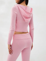 Zip Up Crop Hoodie Ribbed Knit Set