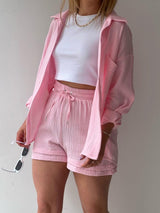 Lapel Shirt Drawstring Shorts Set