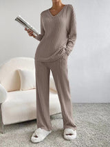 Ribbed Knit 2Pcs V Neck Lounge Set