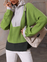 Zip Lapel Color Block Knitted Pullover