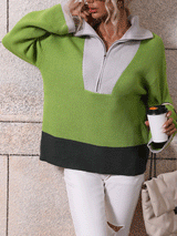 Zip Lapel Color Block Knitted Pullover