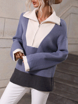 Zip Lapel Color Block Knitted Pullover