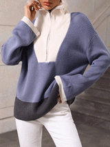 Zip Lapel Color Block Knitted Pullover