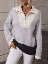 Zip Lapel Color Block Knitted Pullover