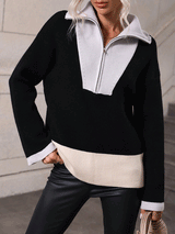 Zip Lapel Color Block Knitted Pullover