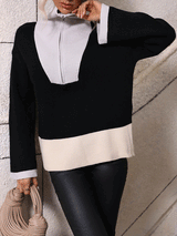 Zip Lapel Color Block Knitted Pullover