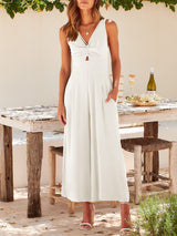 V Neck Hollow Pleated Wide Leg Jumpsuits