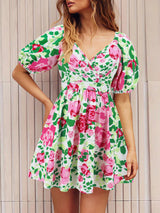 V Neck Flower Print Lantern Sleeve Mini Dress