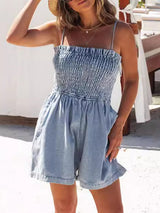 Spaghetti Strap Pleated Denim Romper