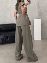 Sleeveless Tie Up Cardigan & Long Pant Set