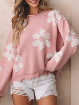 Beaded Flower Printed Pink Sweater