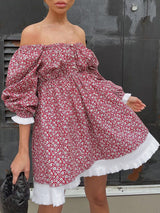 Square Neck Puff Sleeve Flower Mini Dress