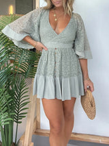 V Neck Lace Patchwork Bat Sleeve Mini Dress