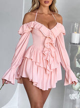 Halter Ruffle Long Sleeve Romper