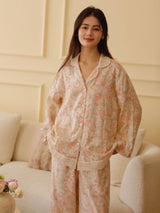 Kafiloe Floral Print Lace Trim Long Sleeve Pajama Set