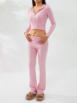 Zip Up Crop Hoodie Ribbed Knit Set