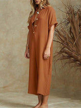 Cotton Solid Button-down Shirt Jumpsuits