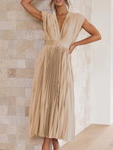 Sleeveless V Neck Pleated Maxi Dress