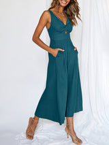 V Neck Hollow Pleated Wide Leg Jumpsuits