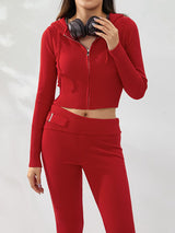 Zip Up Crop Hoodie Ribbed Knit Set