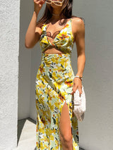 Spaghetti Strap Hollow Out Printed Maxi Dress