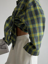 Lapel Long Sleeve Color Block Plaid Shirt