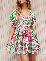 V Neck Flower Print Lantern Sleeve Mini Dress