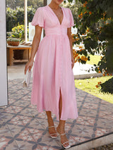 Solid Color Button Up Split Maxi Dress