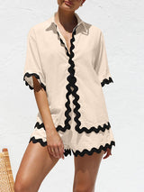 Wave Trim Short Sleeve Shirt Short Set