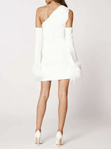 One Shoulder Feather Decor Mini Dress