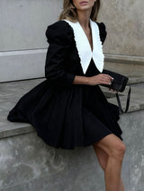 Peter Pan Collar Ruched Black Mini Dress