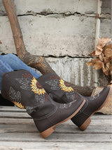 Vintage Embroidered Block Heel Mid-Calf Boots