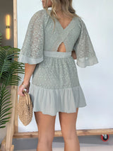 V Neck Lace Patchwork Bat Sleeve Mini Dress