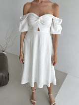 Puff Sleeve Hollow Out High Waist Maxi Dress