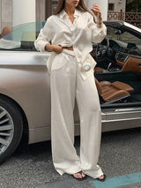 Solid Color Satin Long Sleeve Pants Set