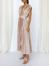 Sleeveless V Neck Pleated Maxi Dress