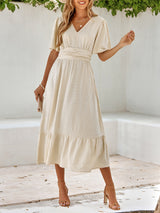 V Neck Ruffle Sleeve Solid Color Maxi Dress