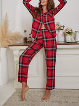 Color Block Plaid Long Sleeve Pajama Set