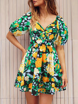 V Neck Flower Print Lantern Sleeve Mini Dress