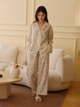 Kafiloe Floral Print Lace Trim Long Sleeve Pajama Set
